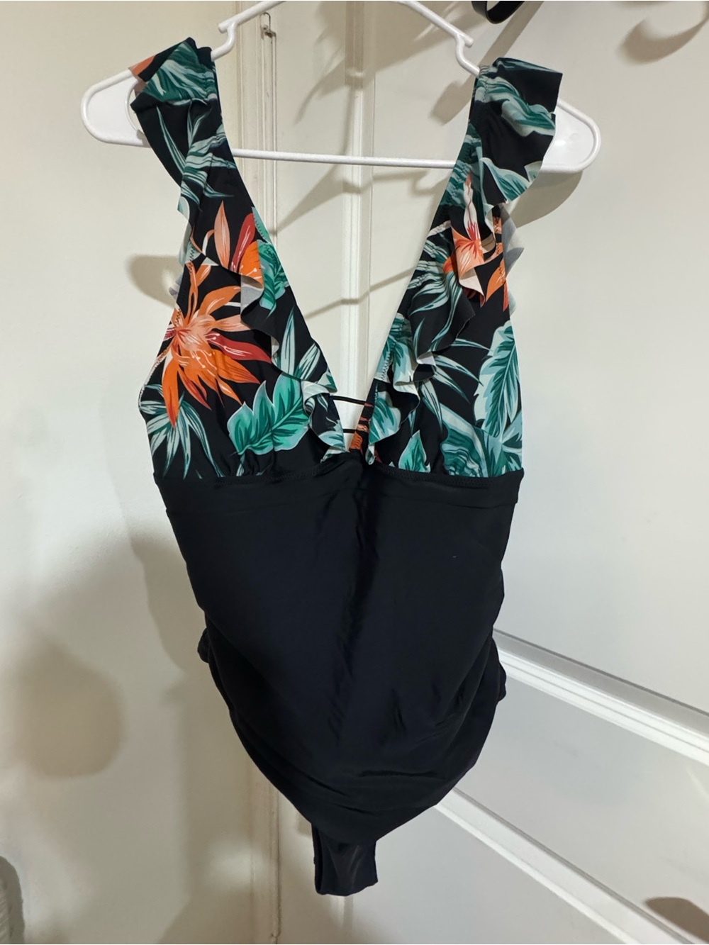 Black One-Piece Swimsuit Dress with Tropical Print
